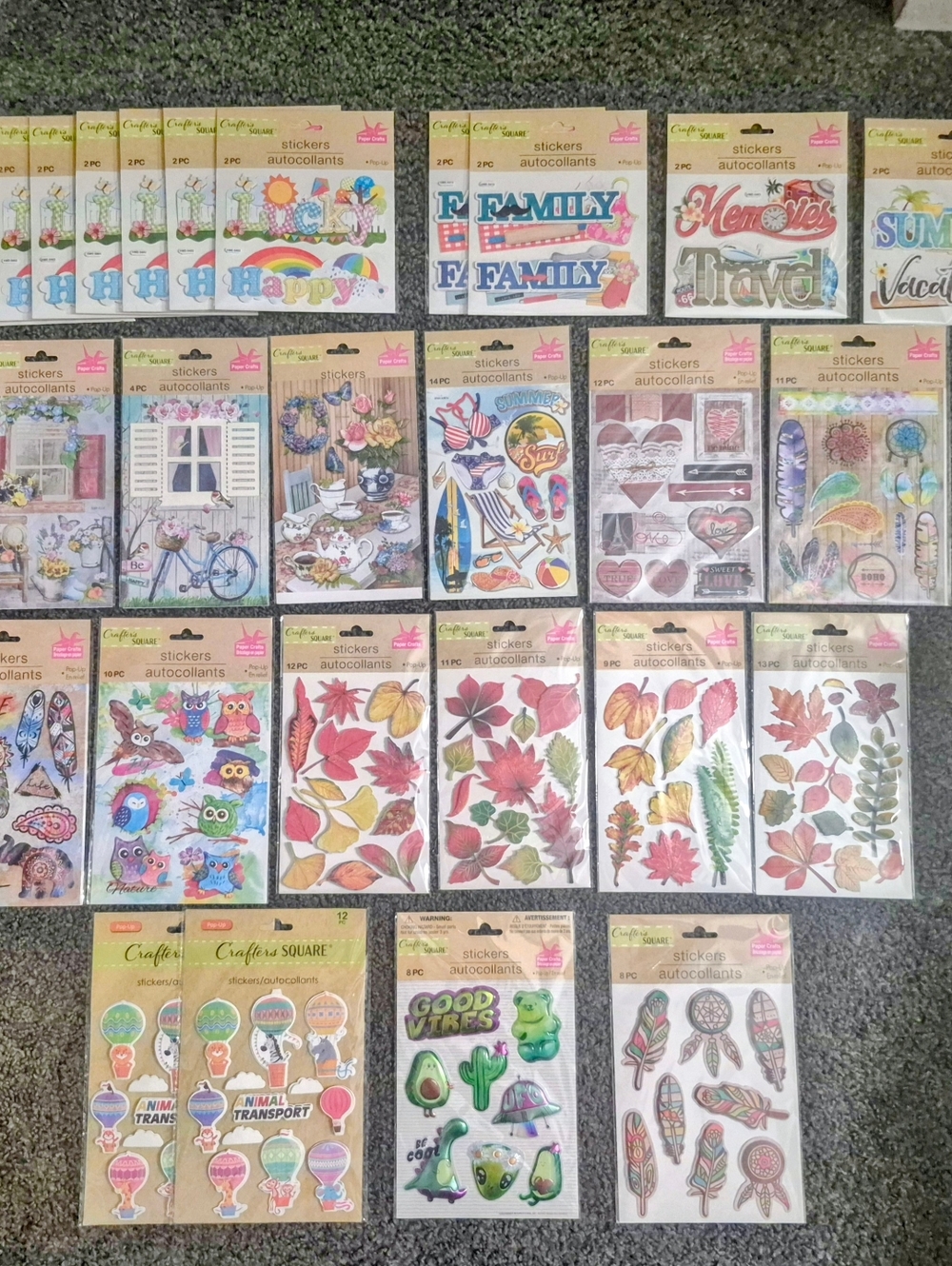 27pc Crafter's Square 3D Sticker Lot - Fall Leaves, Family Travel & Summer DIY